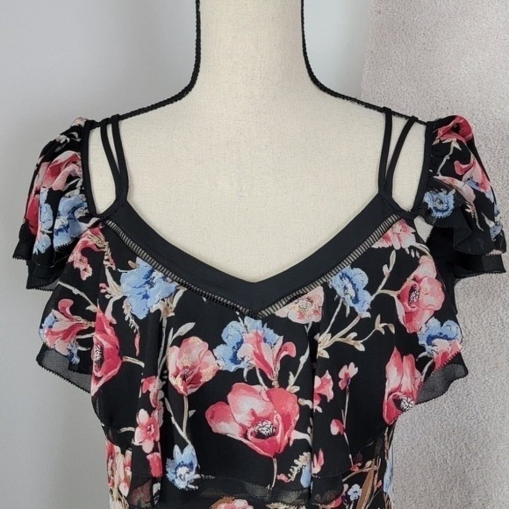 WHBM Floral Maxi Dress 6 Black Pink Cold Shoulder Ruffle Cottagecore Whimsigoth - Picture 4 of 13